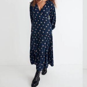 Madewell Navy Floral Long Sleeve Dress